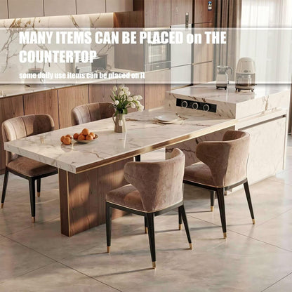 86"-102"Luxury Marble & Wood Kitchen Island Dining Combo with Built-in Outlets & Gold Trim