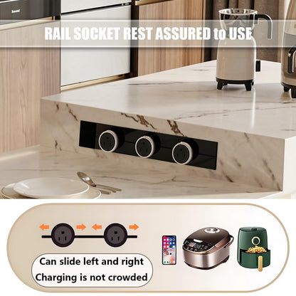 86"-102"Luxury Marble & Wood Kitchen Island Dining Combo with Built-in Outlets & Gold Trim
