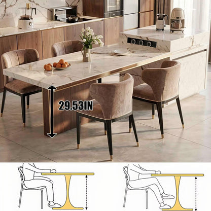 86"-102"Luxury Marble & Wood Kitchen Island Dining Combo with Built-in Outlets & Gold Trim