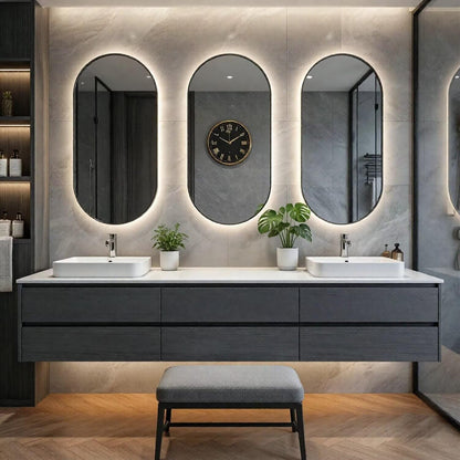 60"-96"Modern Dark Grey Floating Bathroom Vanity with Double Sinks & LED Oval Mirrors