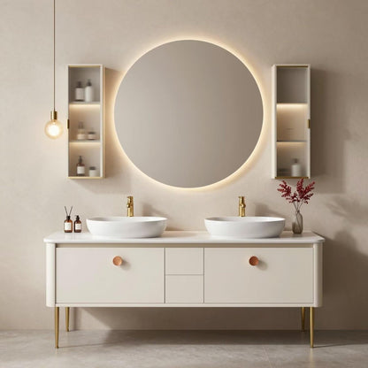 60"-96"White Freestanding Bathroom Vanity with Double Vessel Sinks & LED Round Mirror