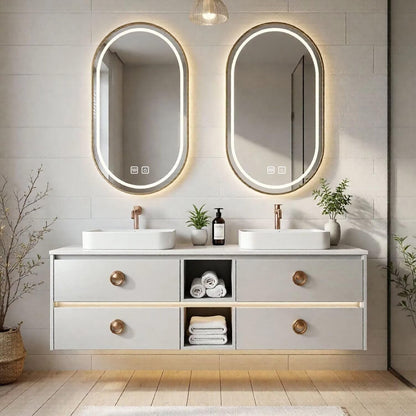 60"-96"White Floating Bathroom Vanity with Double Vessel Sinks & LED Oval Mirrors