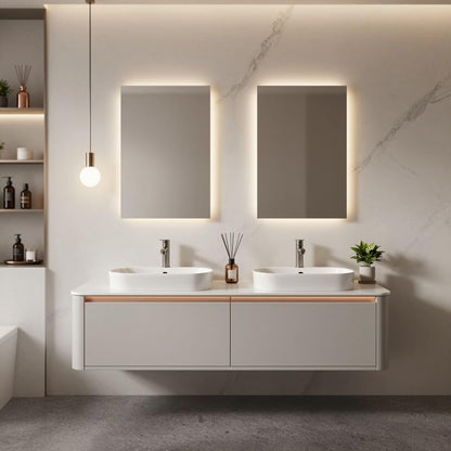 60"-96"Modern Wall-Mounted Bathroom Vanity with Rose Gold Trim & Soft-Close Doors
