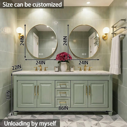 60”-96”Double Sink Bathroom Vanity with Gold Round Mirrors, Sage Green Cabinet & Marble Top