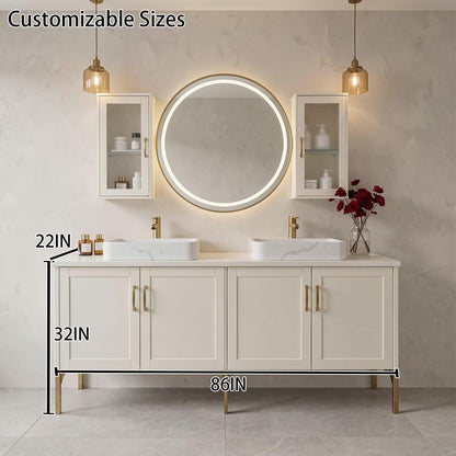 60"-96"White Freestanding Bathroom Vanity with Double Sinks & LED Round Mirror
