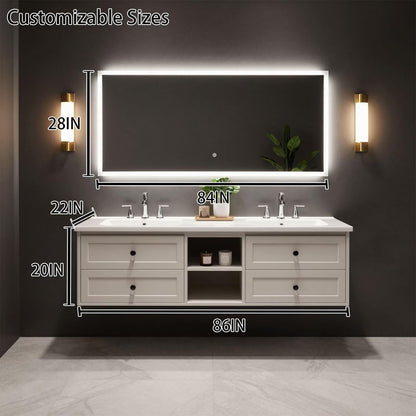 60"-96"White Floating Bathroom Vanity with Double Sinks & Large LED Lighted Mirror