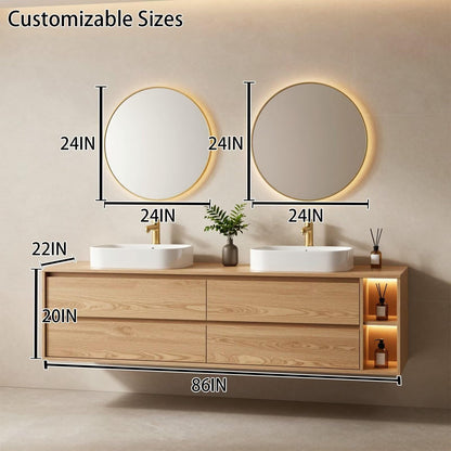 60"-96"Modern Oak Floating Bathroom Vanity with Double Vessel Sinks & LED Side Shelves