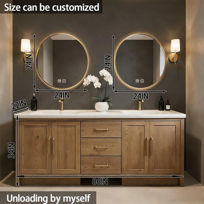 64"-96"Modern Oak Bathroom Vanity Set with Gold Hardware & White Top