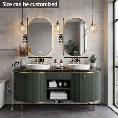 60"-96"Freestanding Green Bathroom Vanity with Double Vessel Sinks & LED Mirrors