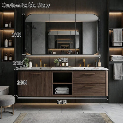 60"-96"Walnut Floating Bathroom Vanity with Marble Top & LED Framed Mirror