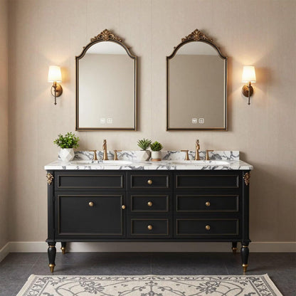 60"-96"Black Double Sink Bathroom Vanity with Marble Top & Gold Accents
