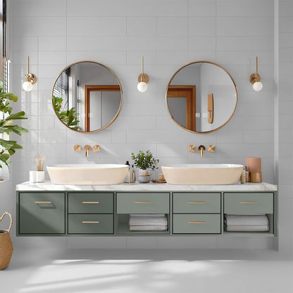 60"-96"Sage Green Floating Bathroom Vanity with Marble Top & Gold Round Mirrors
