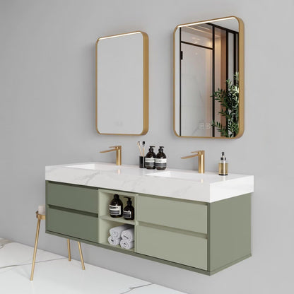 60"-96"Modern Sage Green Bathroom Vanity with Marble Top & Gold LED Mirrors