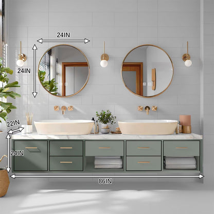 60"-96"Sage Green Floating Bathroom Vanity with Marble Top & Gold Round Mirrors