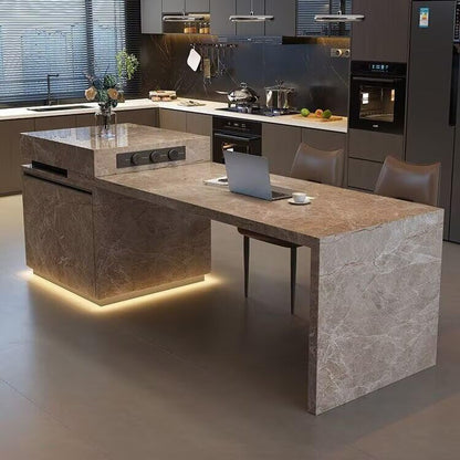 80“-96”Brown Marble Kitchen Island with Integrated Dining Table & LED Lighting