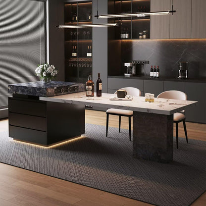 56"-96"Elegant 2-in-1 Marble Kitchen Island with Dining Table & Hidden Storage