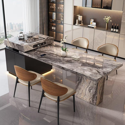 80“-96”Marble Kitchen Island with Tea Station, Dining Table & Built-in Power Outlet