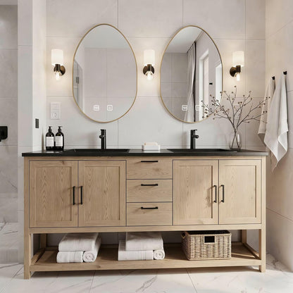 64"-96"Farmhouse Bathroom Vanity with Double Sinks & Oval LED Mirrors, Light Wood