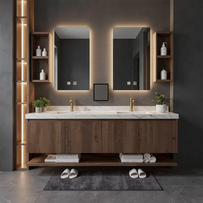 60”-96”Modern Double Sink Vanity with Walnut Fluted Cabinet & Open Towel Shelf