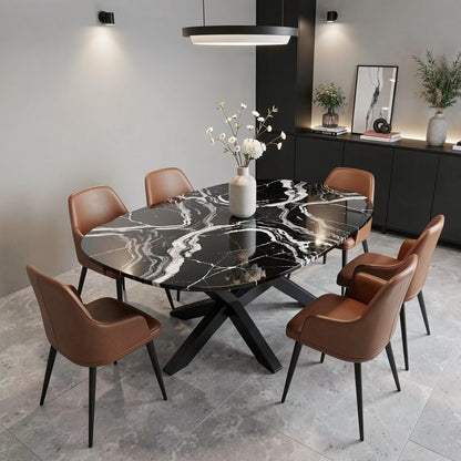 56"-96"Modern Oval Black Marble Dining Table, Contemporary Table with Sturdy Metal Base