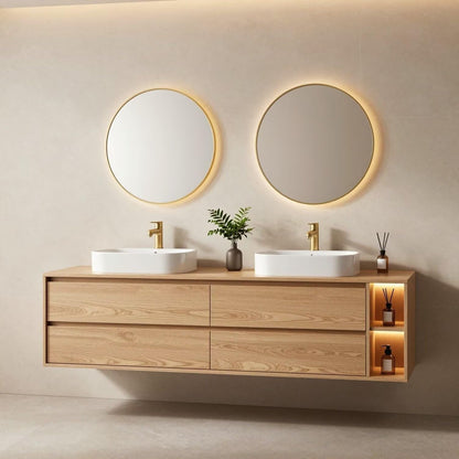 60"-96"Modern Oak Floating Bathroom Vanity with Double Vessel Sinks & LED Side Shelves