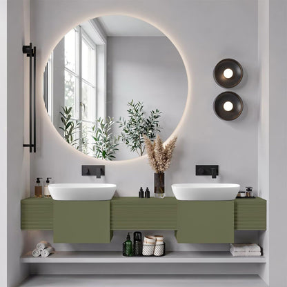 60"-96"Sage Green Floating Bathroom Vanity with Double Vessel Sinks & LED Round Mirror