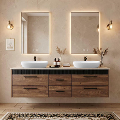 60"-96"Modern Wood Vanity with Black Fluted Trim & 6 Drawer Storage