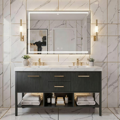 60"-96"Modern Bathroom Vanity with Gold Hardware, Open Shelves & LED Light