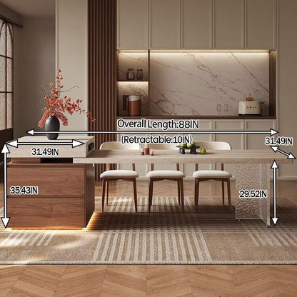 80“-96”Modern Stone Kitchen Island with Integrated Dining Table & Wooden Storage Drawers