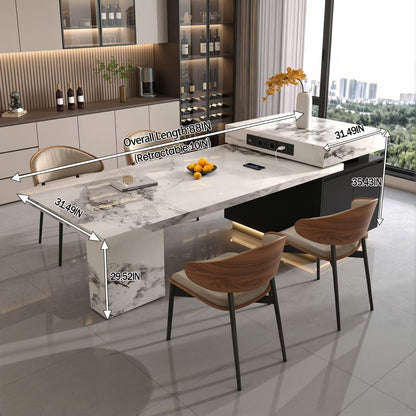 80“-96”Luxury White Marble Kitchen Island with Dining Table & Built-in Charging Station