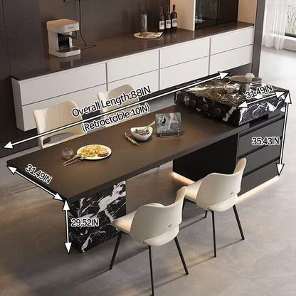 80“-96”Black Marble Kitchen Island with Integrated Dining Table & LED Lighting