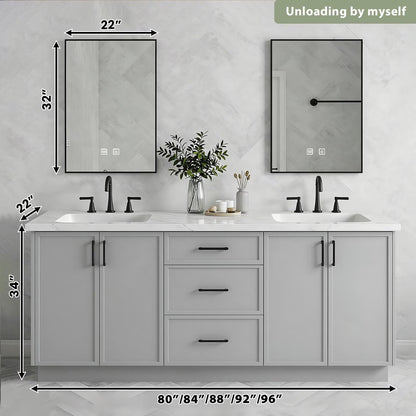 60”-96”Double Sink Freestanding Bathroom Vanity with 2 LED Mirrors, Gray Wood Vanity with Marble Top & Black Hardware