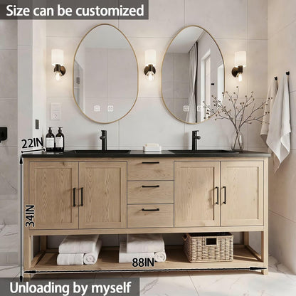 64"-96"Farmhouse Bathroom Vanity with Double Sinks & Oval LED Mirrors, Light Wood
