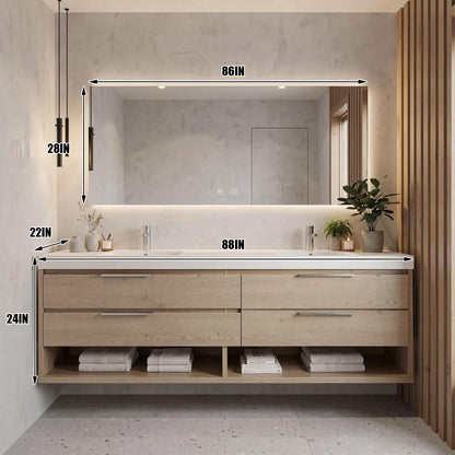 60"-96"Modern Wood Vanity with Integrated Countertop & Open Shelf Storage