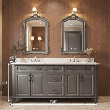60”-112” Antique Gray Wood Double Vanity with Ornate Mirrors & Gold Hardware