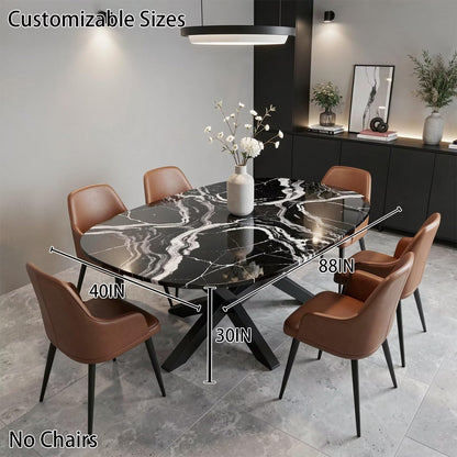56"-96"Modern Oval Black Marble Dining Table, Contemporary Table with Sturdy Metal Base