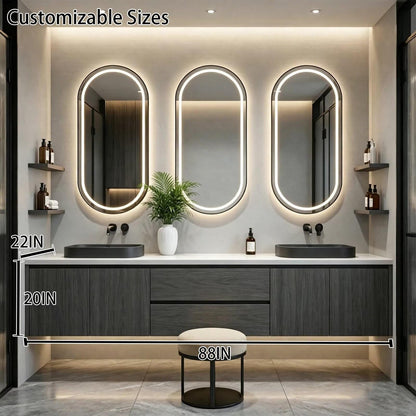 60"-96"Dark Wood Floating Bathroom Vanity with Double Sinks & LED Oval Mirrors
