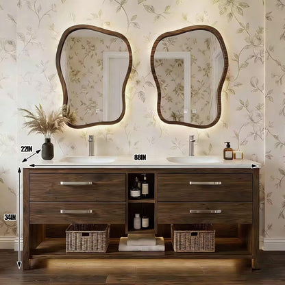 60”-96” Dark Wood Bathroom Vanity with Double Sinks & Irregular LED Mirrors
