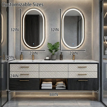60"-96"Modern Floating Bathroom Vanity with Double Sinks & LED Oval Mirrors