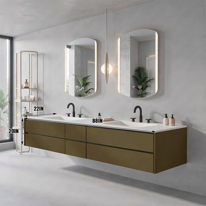 60"-96"Olive Green Floating Bathroom Vanity with Double Sinks & LED Lighted Mirrors