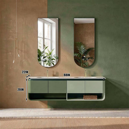 60"-96"Modern Wall-Mounted Vanity with Open Shelves, Marble Countertop & LED Mirrors