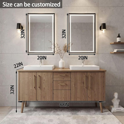 60”-96” Double Sink Freestanding Vanity with LED Mirrors, Natural Wood Cabinet & Gold Hardware