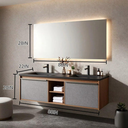 60"-96"Wall-Mounted Bathroom Vanity with Black Countertop & Open Towel Shelf