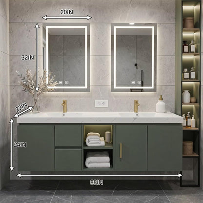 60”-96” Green Floating Bathroom Vanity with Double Sinks & LED Lighted Mirrors