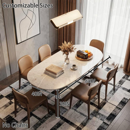 56"-96"Oval White Marble Dining Table, Modern Kitchen Table with Solid Wood Pedestal Base