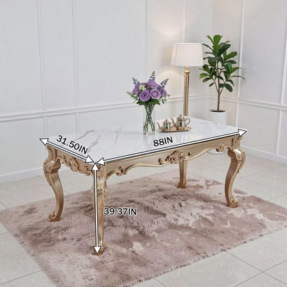 56"-88"Rectangular Dining Table with Marble Top & Antique Gold Rococo Base
