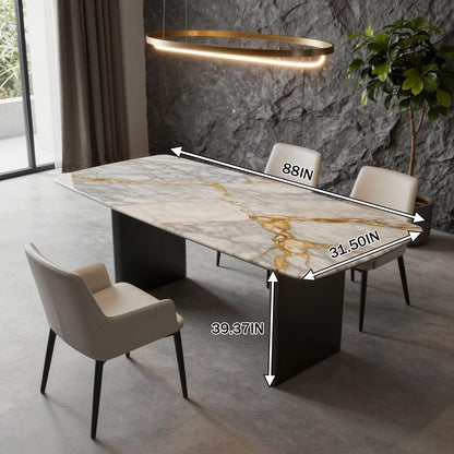 56"-88"Luxury Rectangular Marble Dining Table with Gold Streaks & Dark Legs