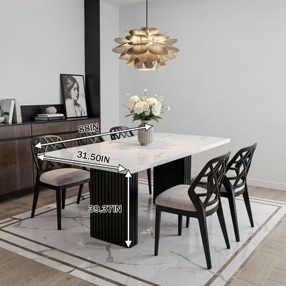 56"-88"Modern White Marble Dining Table with Black Fluted Base for 4-6 People