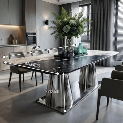 56"-88"Black & White Marble Dining Table with Polished Stainless Steel Base