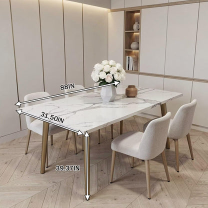 56"-88"Rectangular Sintered Stone Dining Table, White Kitchen Table with Marble Vein